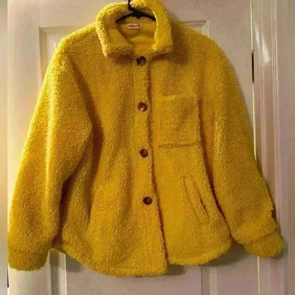 Small (fits M/L!) Yellow Sherpa button up jacket teddy jacket - Picture 1 of 8